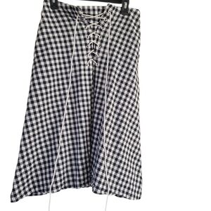Eva Franco Lace-Up Black and White Gingham Midi Flare Skirt Medium